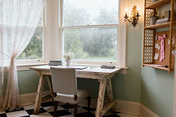 A cozy shabby chic home office features a distressed white trestle desk facing large rain-speckled windows with white trim and sheer lace curtains. A pale blue and white striped chair, mint green walls, a black-and-white checkered tile floor, a brass candle-style wall sconce, and a rattan wall shelf with corkboard, books, and ribbons frame the scene, while a small vase of white flowers and stacked books rest on the desk beside a closed laptop.