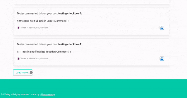 The image displays a notifications page from a web application showing user comments and a 'Load more' button.