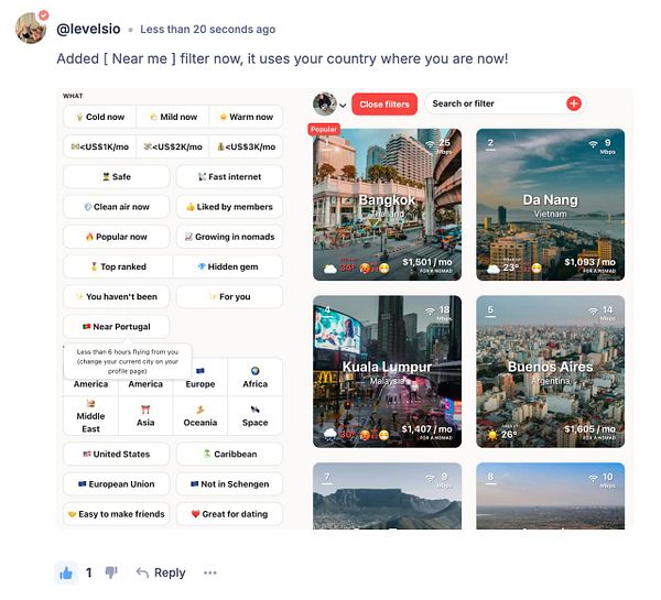 The image displays a user interface for a travel-related application featuring a filter for locations based on proximity.