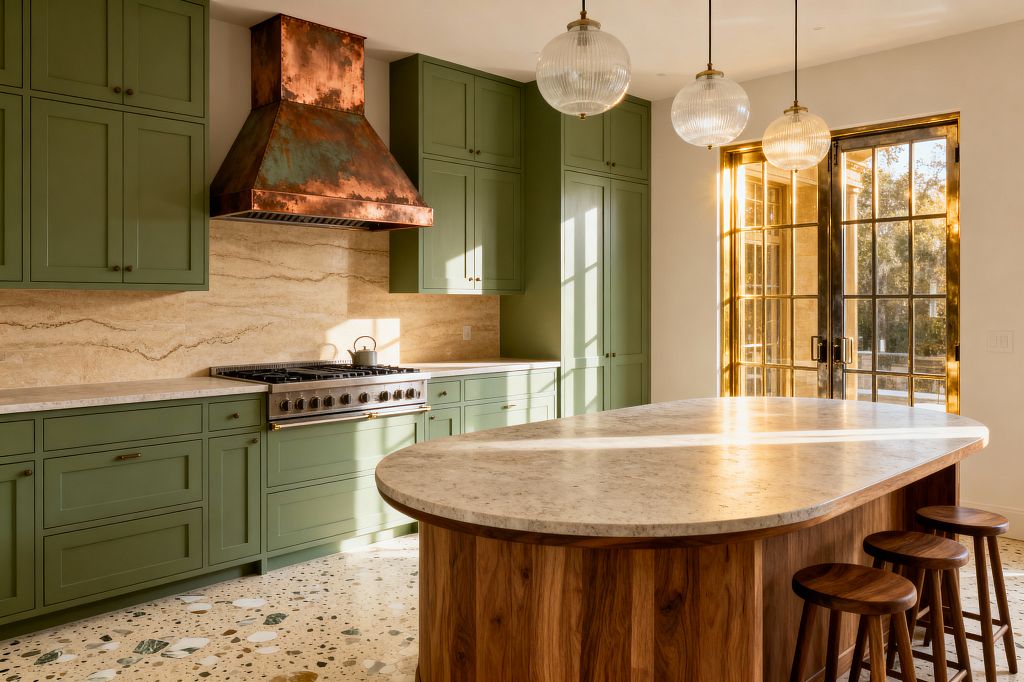 A sunlit transitional kitchen with sage green Shaker cabinets and a large patinated copper range hood above a stainless range. The L-shaped perimeter features a full-height travertine backsplash and honed light limestone countertops. A curved walnut island with three matching stools sits beneath ribbed glass globe pendants. Brass-framed glass doors open to the outside, illuminating a terrazzo floor with green and white aggregate.