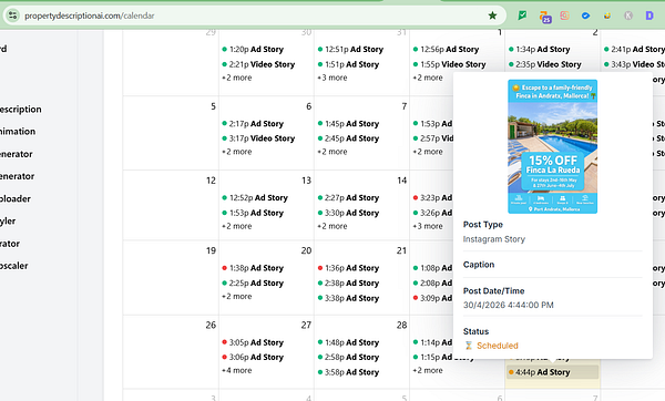 A screenshot of an Instagram scheduling tool interface displaying a Mediterranean villa post scheduled for July 15, 2024.