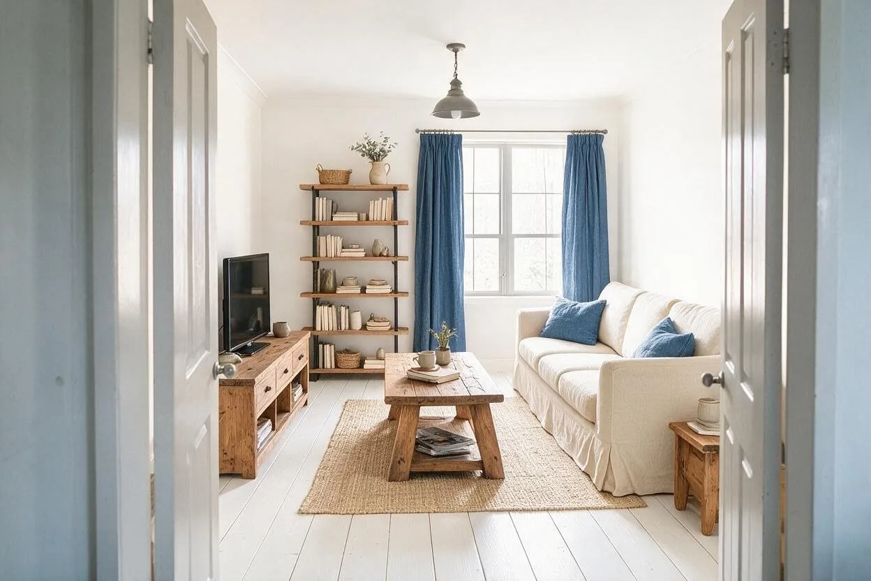 The same Farmhouse living room in the Blue Ticking palette: white, oatmeal, denim blue, reclaimed pine, and pewter
