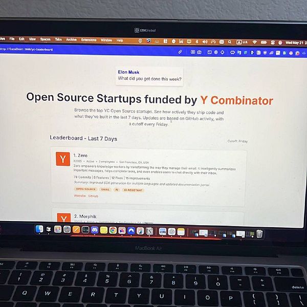 The image displays a UI mock-up for a leaderboard of open source projects funded by Y Combinator.