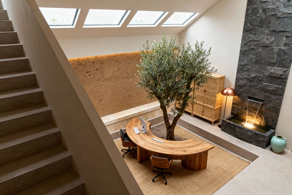 An open home office features a mature olive tree planted in the floor and encircled by a curved wooden desk with two task chairs set on a jute rug. Four roof skylights illuminate a rammed-earth wall with hidden cove lighting, while a tall slate water feature with a lit basin sits beside a woven rattan cabinet, a copper-toned floor lamp, a pale green ceramic vase, and smooth concrete surfaces with a stair along the perimeter.