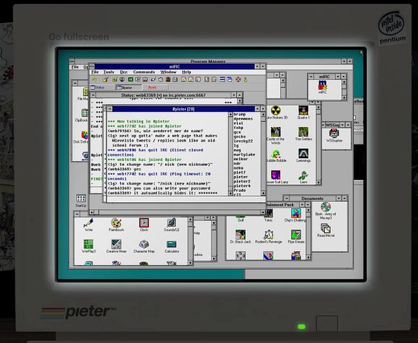 A retro computer interface displaying an IRC chat window and various application icons.