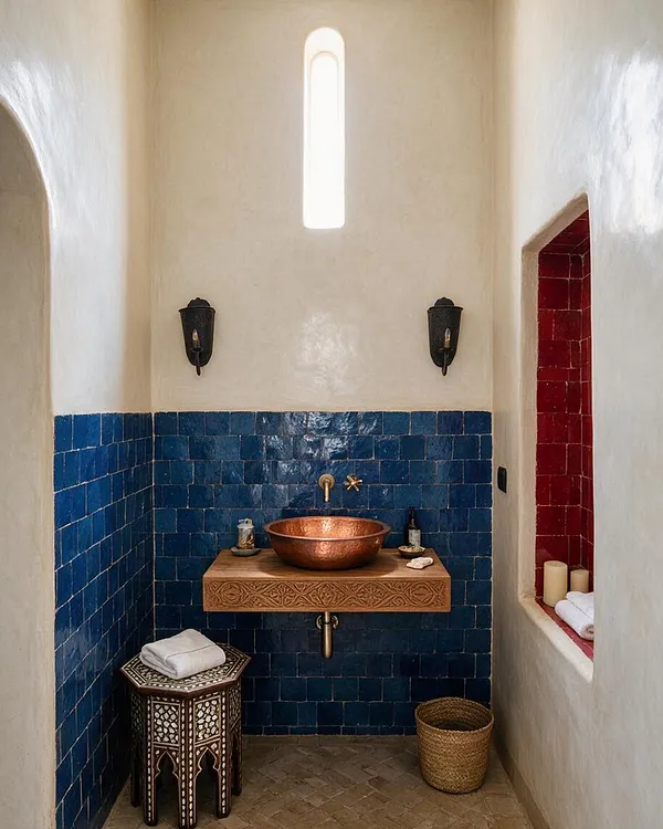 A narrow Moroccan-style powder room with white plaster walls, deep blue tile wainscoting, and a tall vertical skylight. A carved wood vanity holds a copper vessel sink beneath a brass faucet, with black wall sconces, a patterned side stool, and a red tiled niche with candles and towels.