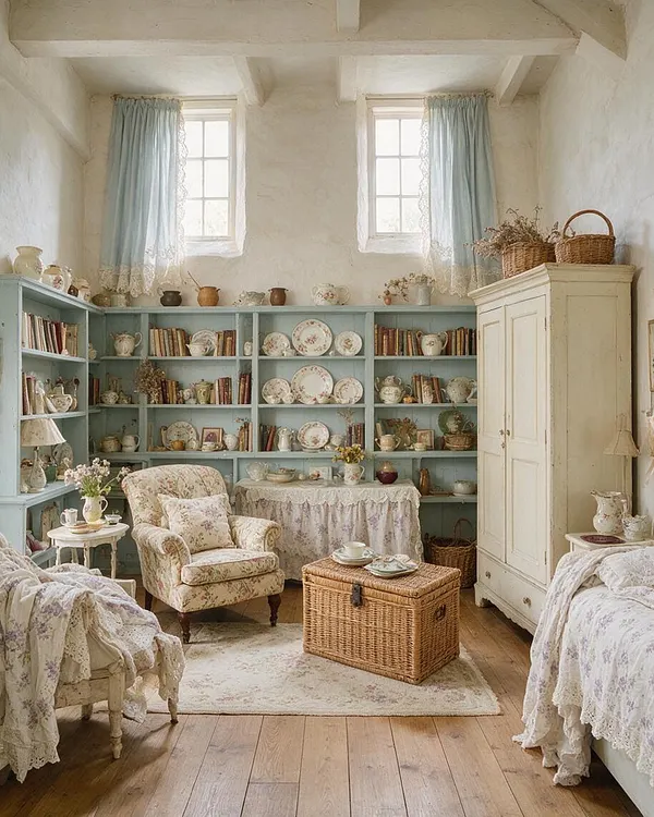 A cozy studio apartment styled in cottagecore design with pale blue built-in shelves filled with books, floral plates, teapots, and dried flowers. The room features a floral armchair, lace-covered furniture, a wicker chest table, light wood floors, cream walls, and soft blue curtains framing two small windows.