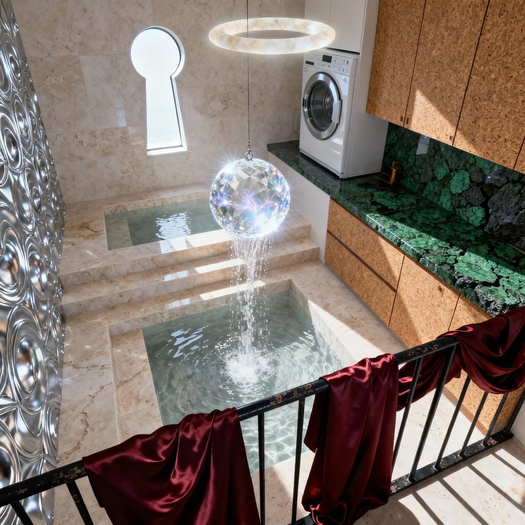 A surreal laundry room features travertine stairs descending to two sunken rectangular pools beneath a hanging crystal sphere that pours water into the basin, with a glowing ring pendant above and a keyhole-shaped window casting daylight. Along one wall, cork-front cabinets with an emerald green marble countertop sit beside a front-loading washer, while rippled chrome panels reflect light and a black iron railing is draped with deep burgundy satin.