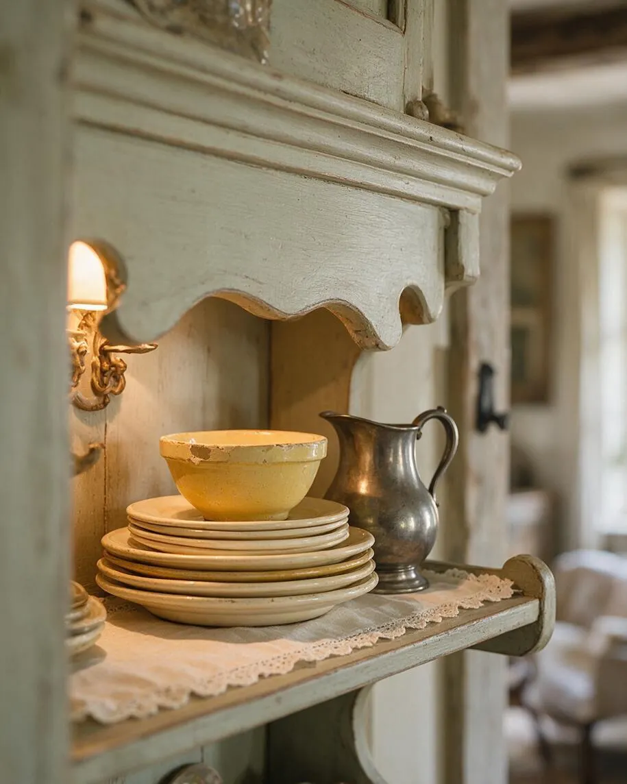 A close-up of a distressed painted hutch shelf in French Country style, holding stacked cream-colored plates, a yellow bowl, and a silver metal pitcher. A small wall sconce glows warmly beside the display, highlighting the scalloped wood trim, lace-edged shelf runner, and aged finish.