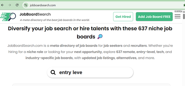 The image displays a webpage for JobBoardSearch, a directory of job boards for job seekers and recruiters.