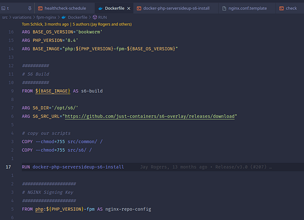 The image displays a code snippet from a Dockerfile used for building a PHP application with specific configurations.