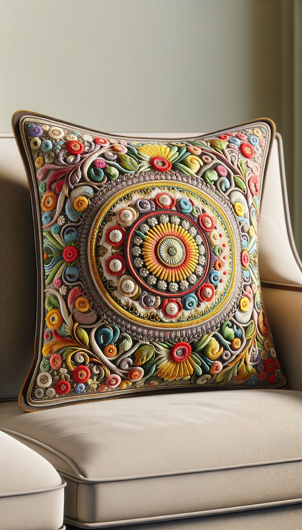 A close-up image of a beautifully embroidered throw pillow on a neutral-colored sofa, showcasing intricate designs and vibrant colors. 
