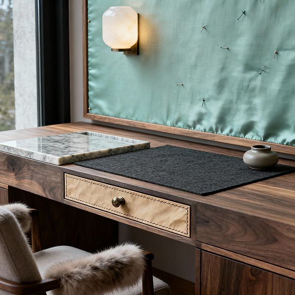 Close-up of a transitional home office desk in rich walnut with a drawer faced in tan leather featuring contrast stitching and a brass knob. Above the desk is a seafoam silk pinboard with scattered pins and a glowing faceted alabaster wall sconce; on the surface sit a white marble tray, a charcoal wool felt mat, and a small gray ceramic vessel beside a black-framed window and a plush chair with fur-trimmed arms.
