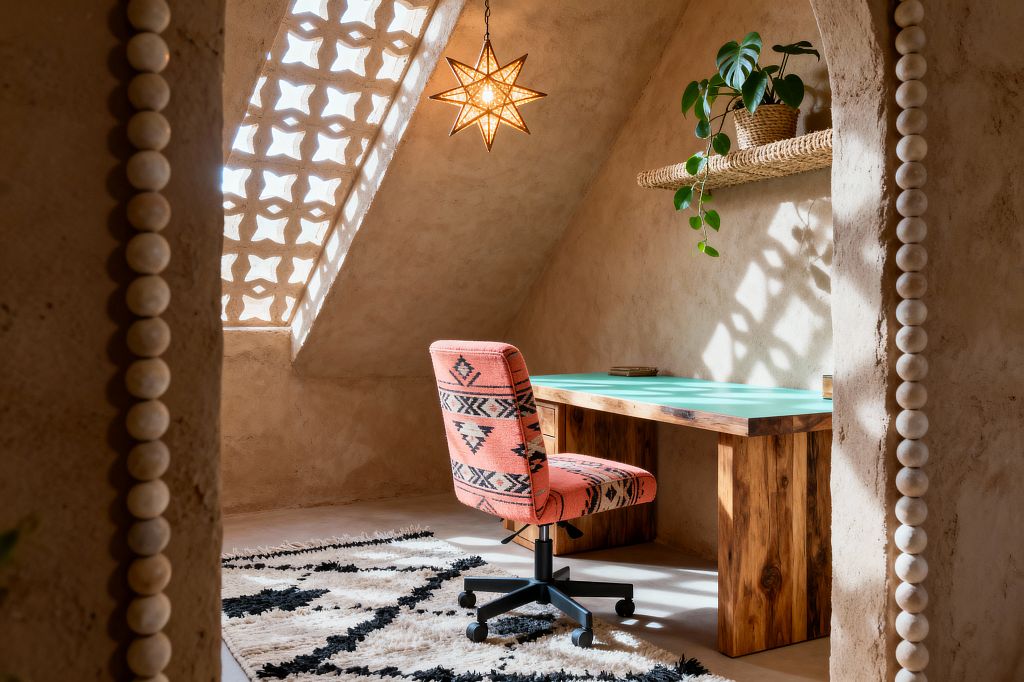 A small home office seen through an arched opening features warm plaster walls and a sloped window of breeze blocks that cast patterned light across the room. A solid wood desk with a turquoise top sits beside a coral chair upholstered in kilim-style fabric, set on a cream-and-black shag rug; above hangs a brass and glass star pendant, and a rope-wrapped floating shelf holds a woven basket planter with a trailing monstera.
