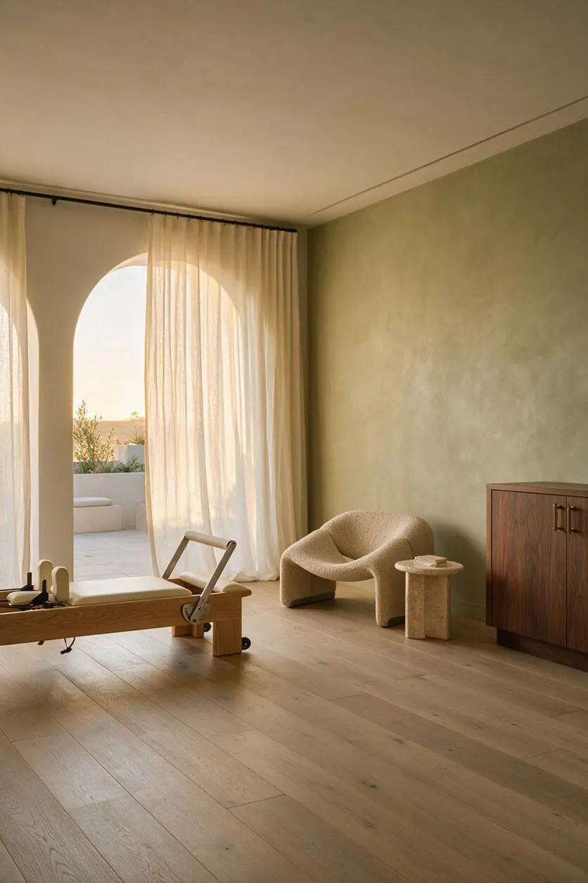 A serene home gym with light wood floors, a muted green textured wall, and a large arched opening draped with sheer curtains. A wooden reformer-style Pilates machine sits in the foreground beside a sculptural boucle chair, a small stone side table, and a dark walnut cabinet.