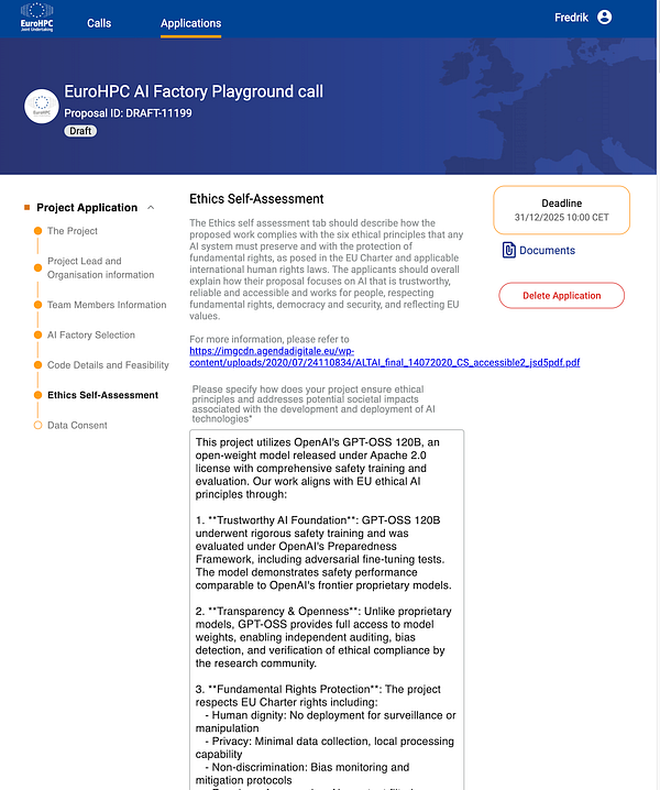 The image displays a project application interface for the EuroHPC AI Factory Playground call, focusing on an ethics self-assessment for an AI project.