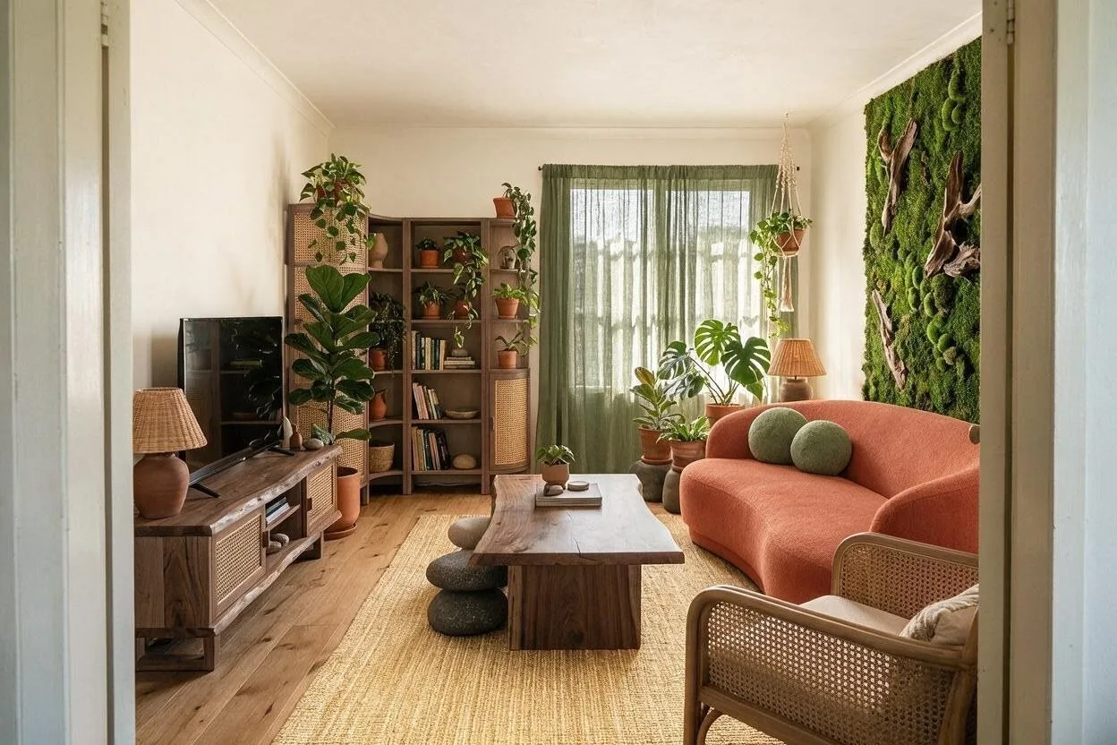 The same Biophilic living room in the Terracotta Grove palette: lime plaster, terracotta, walnut, olive, and straw