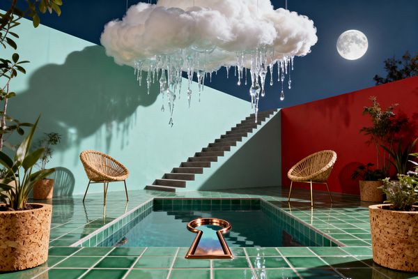 A surreal outdoor patio with emerald-green tiled flooring surrounds a sunken rectangular pool featuring a polished copper keyhole inlay. A mint wall meets a coral-red wall while a concrete stair ascends diagonally; above, a large cloud-like chandelier with hanging glass droplets hovers. Two round rattan chairs and several plants in cork planters sit under a deep midnight-blue sky illuminated by a bright full moon.
