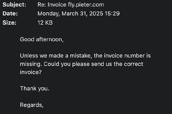 An email correspondence regarding a missing invoice number.