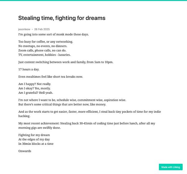 A personal reflection on time management and aspirations, detailing a busy daily routine.