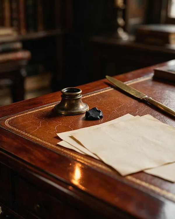 A close-up of a dark polished wooden writing desk with a worn leather inset, stacked cream papers, a brass pen, and a small brass inkpot with black sealing wax. The background is softly blurred, suggesting a quiet study or library.