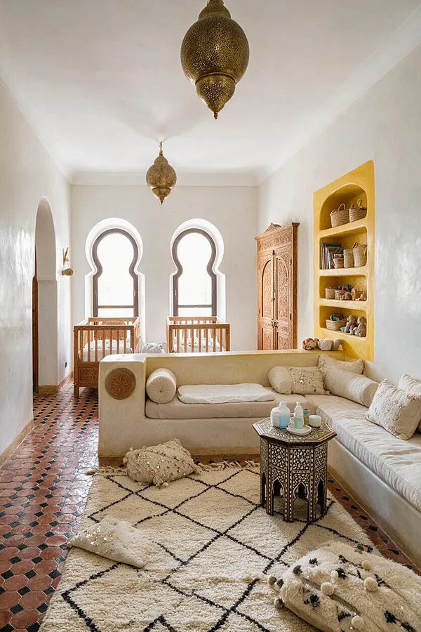 A Moroccan-style nursery with two carved wooden cribs beneath arched windows, a cream sectional sofa, and a geometric ivory rug. The room features brass hanging lanterns, a carved wooden wardrobe, built-in yellow wall shelves, and terracotta patterned tile flooring.