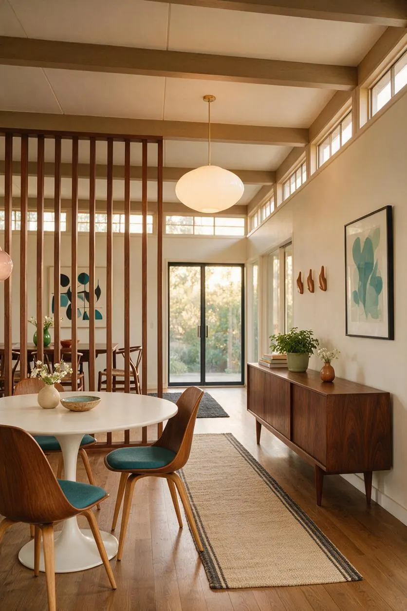 A bright mid-century modern sunroom with a round white tulip table, curved wood dining chairs with teal seats, and a walnut sideboard along the wall. Vertical wood slats partially divide the space, while a globe pendant, woven runner, and framed abstract art add softness and retro character.