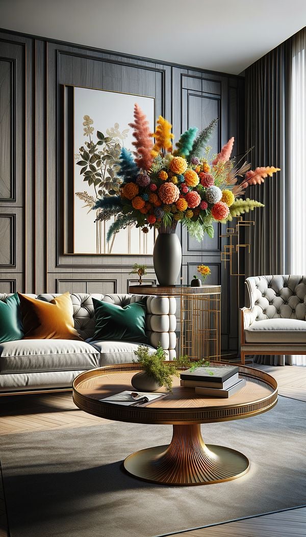 A stylish modern home living room with a Butler’s Tray Table adorned with a vase of flowers, set beside a plush sofa.