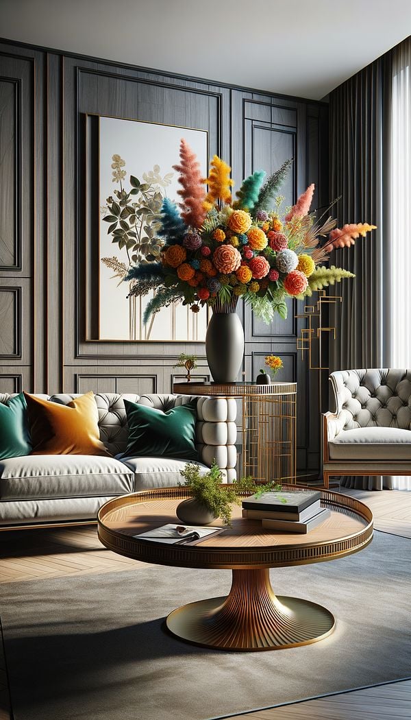 A stylish modern home living room with a Butler’s Tray Table adorned with a vase of flowers, set beside a plush sofa.