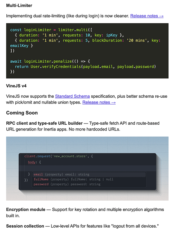 The image displays a technical update regarding new features in a software framework, including code snippets and descriptions of functionalities.