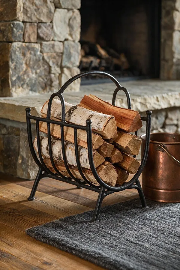 A rustic fireplace scene with a black wrought iron log holder filled with split firewood on a warm wood floor. Behind it, a stacked stone fireplace surrounds a dark firebox, with a copper bucket and a gray rug adding texture beside the hearth.