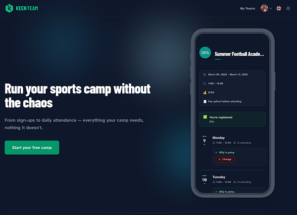 Webpage mockup for a camp management dashboard featuring camp details, schedules, and navigation.