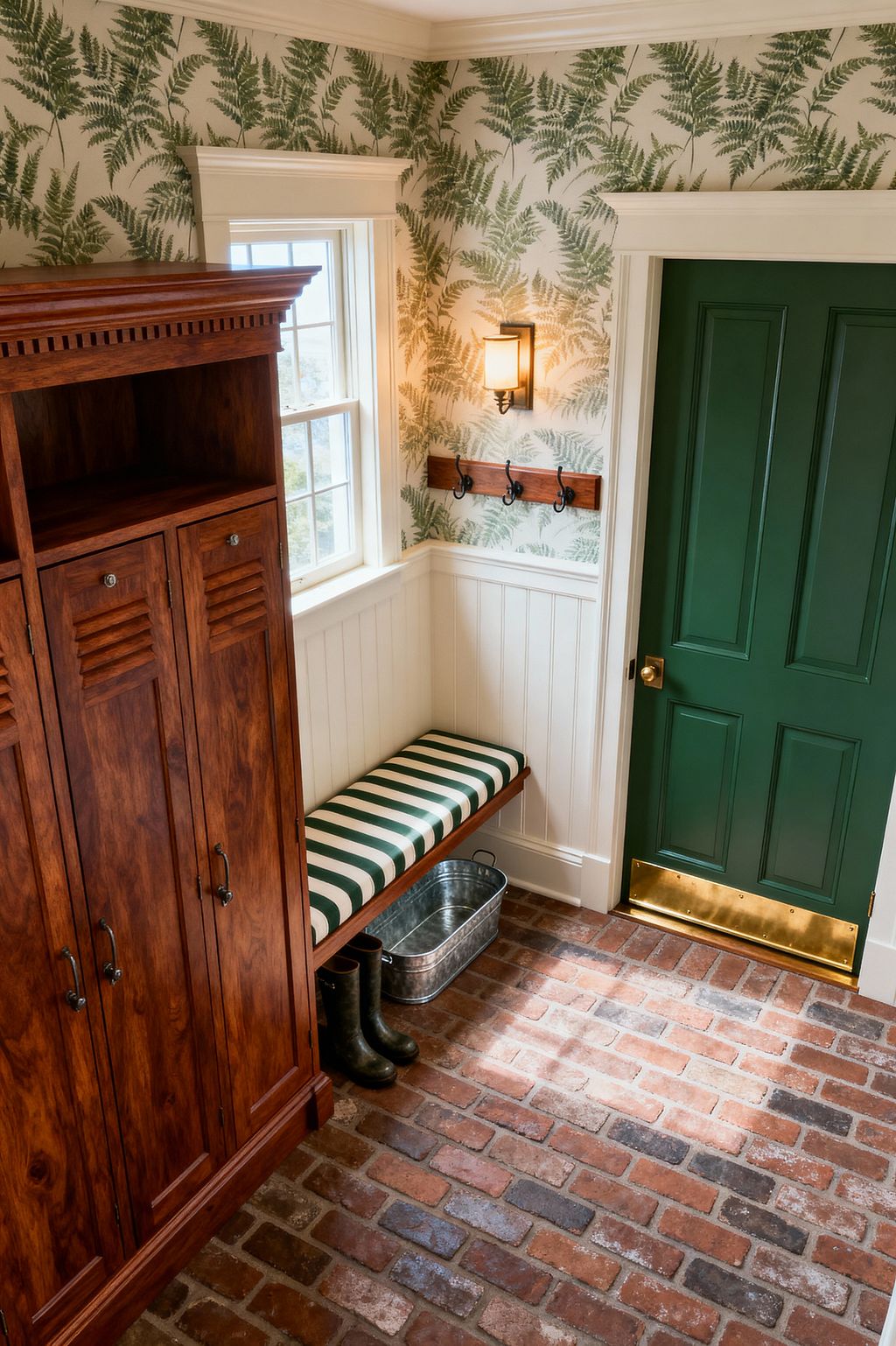 A traditional mudroom with red brick flooring, cream beadboard wainscoting, and fern-patterned wallpaper. A deep green paneled door with a brass kick plate and knob sits beside a window. A wooden bench with a green-and-white striped cushion and black iron hooks is under a wall sconce, with tall reddish-brown wood lockers to the left. A galvanized bin and rubber boots are tucked under the bench as daylight brightens the compact space.
