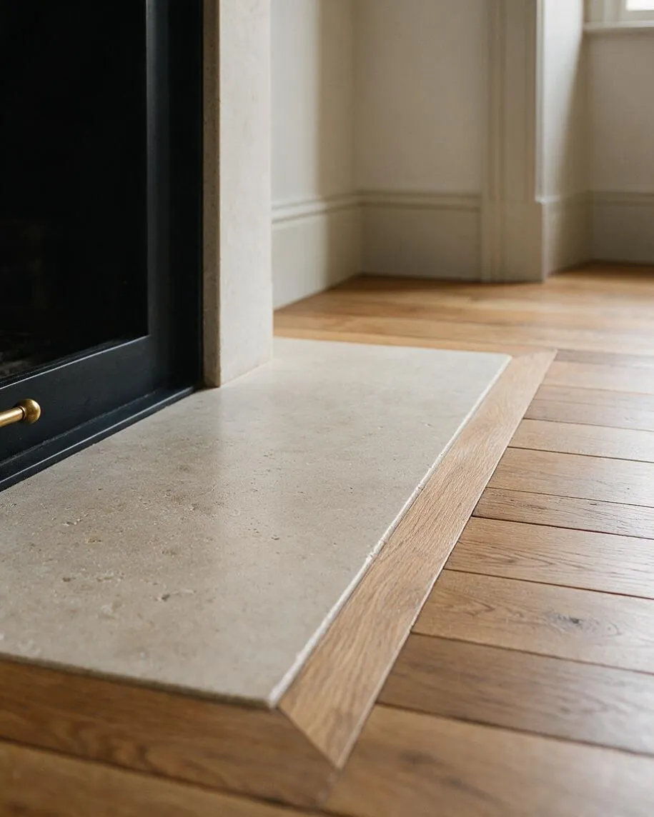 A close-up of a transitional fireplace area showing a matte black fireplace surround with a brass handle, a pale stone hearth, and warm oak flooring bordered by a light wood inlay. White walls with simple trim and soft natural light create a calm, refined interior.