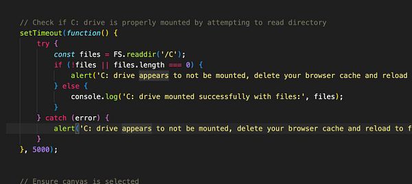 The image displays a code snippet for checking if the C: drive is properly mounted in a JavaScript environment.