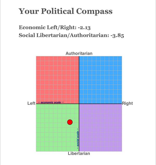The image displays a political compass chart indicating a left-leaning political stance.