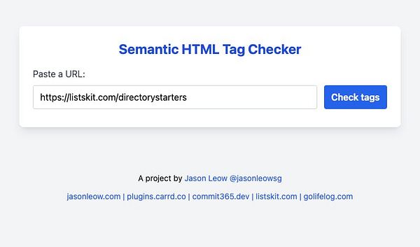 The image displays a web interface for a Semantic HTML Tag Checker tool.