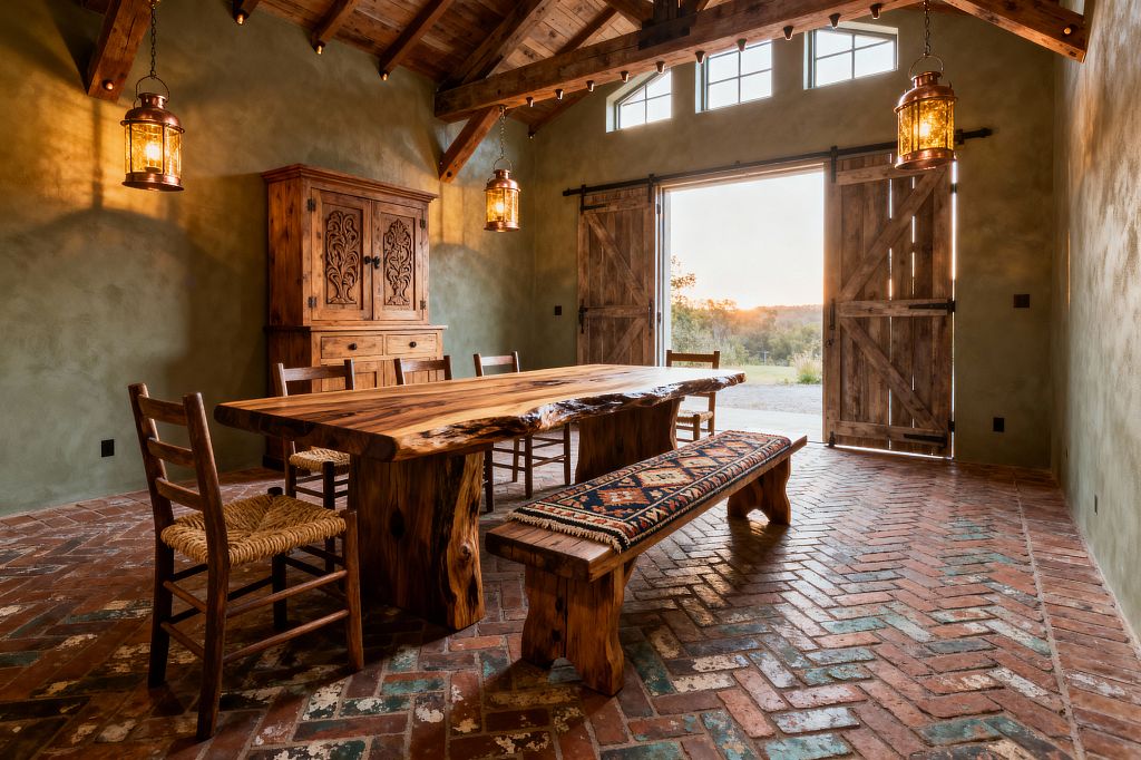 A rustic dining room features a substantial live-edge wood table on a herringbone brick floor, surrounded by ladder-back chairs and a matching bench covered with a patterned kilim. Sage green plaster walls, exposed timber rafters, sliding barn doors, and three metal-and-glass lantern pendants provide warm amber light, while clerestory windows and the open doorway frame a sunset landscape.