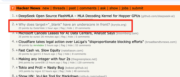 The image displays a screenshot of the Hacker News website highlighting a specific article ranked second.