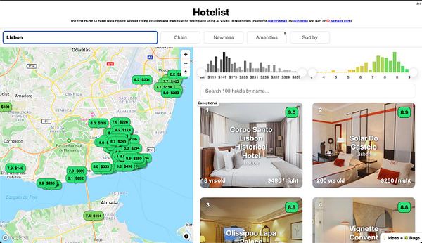 The image displays a hotel booking interface for Lisbon, featuring a map with hotel locations and a list of hotels with ratings and prices.
