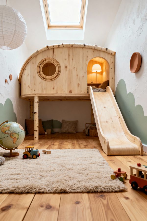 A Scandinavian-style kids’ room with a lofted pine playhouse featuring a round window, arched doorway, and a smooth wooden slide. Birch log posts support the structure, with a warm table lamp glowing inside. The space has honey-toned pine flooring, a thick cream rug, and white textured walls painted with soft sage green hills. A roof skylight and a paper lantern add light. Wooden toys, cushions, a rattan basket, and a globe sit neatly on the floor.