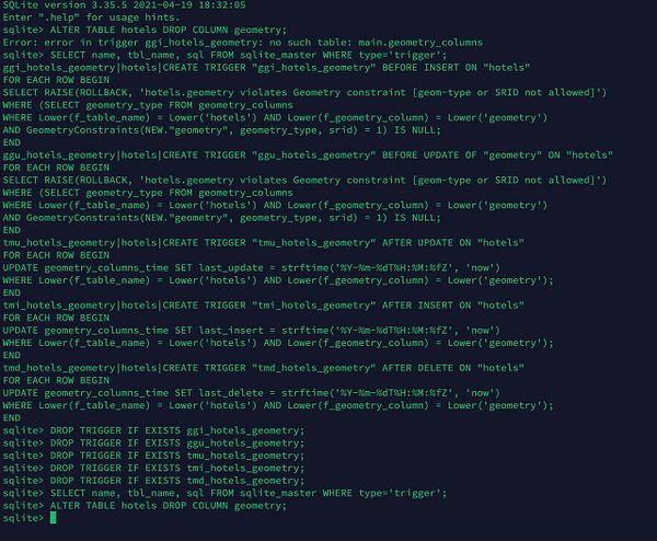 The image displays a terminal interface showing SQLite commands and error messages related to modifying a database schema.