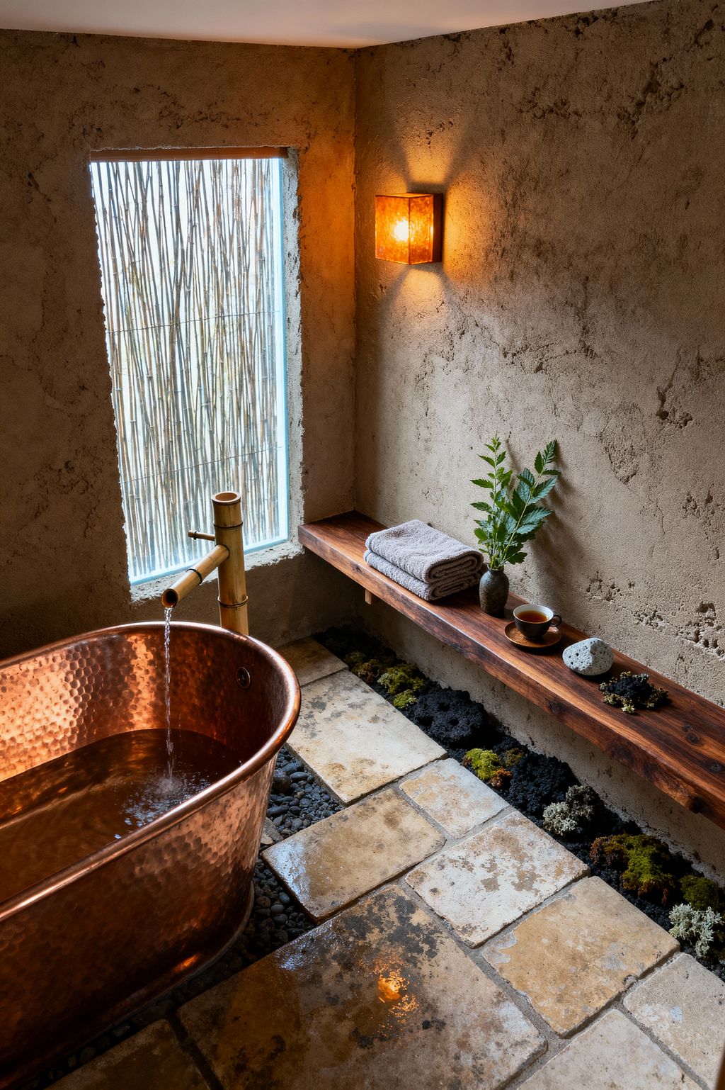 A serene Wabi-Sabi bathroom features a hammered copper soaking tub fed by a bamboo spout beside rough, sand-colored plaster walls. A tall window filtered by a reed screen and a warm amber wall sconce provide soft light. The floor is tumbled limestone with pebble channels and a bed of dark lava rock dotted with moss. A narrow wood bench holds folded gray towels, a small vase with leaves, a teacup, and a pumice stone.