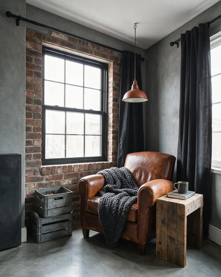 A moody industrial sunroom with a leather armchair, exposed brick window surround, concrete walls, and black curtain panels. A copper pendant light hangs above a rustic wood side table, while stacked metal crates and a chunky knit throw add texture.