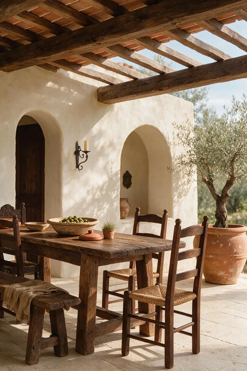 A sunlit Mediterranean-style outdoor dining area with white stucco walls, rounded arch openings, and a heavy timber pergola overhead. A rustic wooden table and chairs sit on a pale stone floor beside a terracotta pot holding an olive tree, creating a warm, earthy atmosphere.