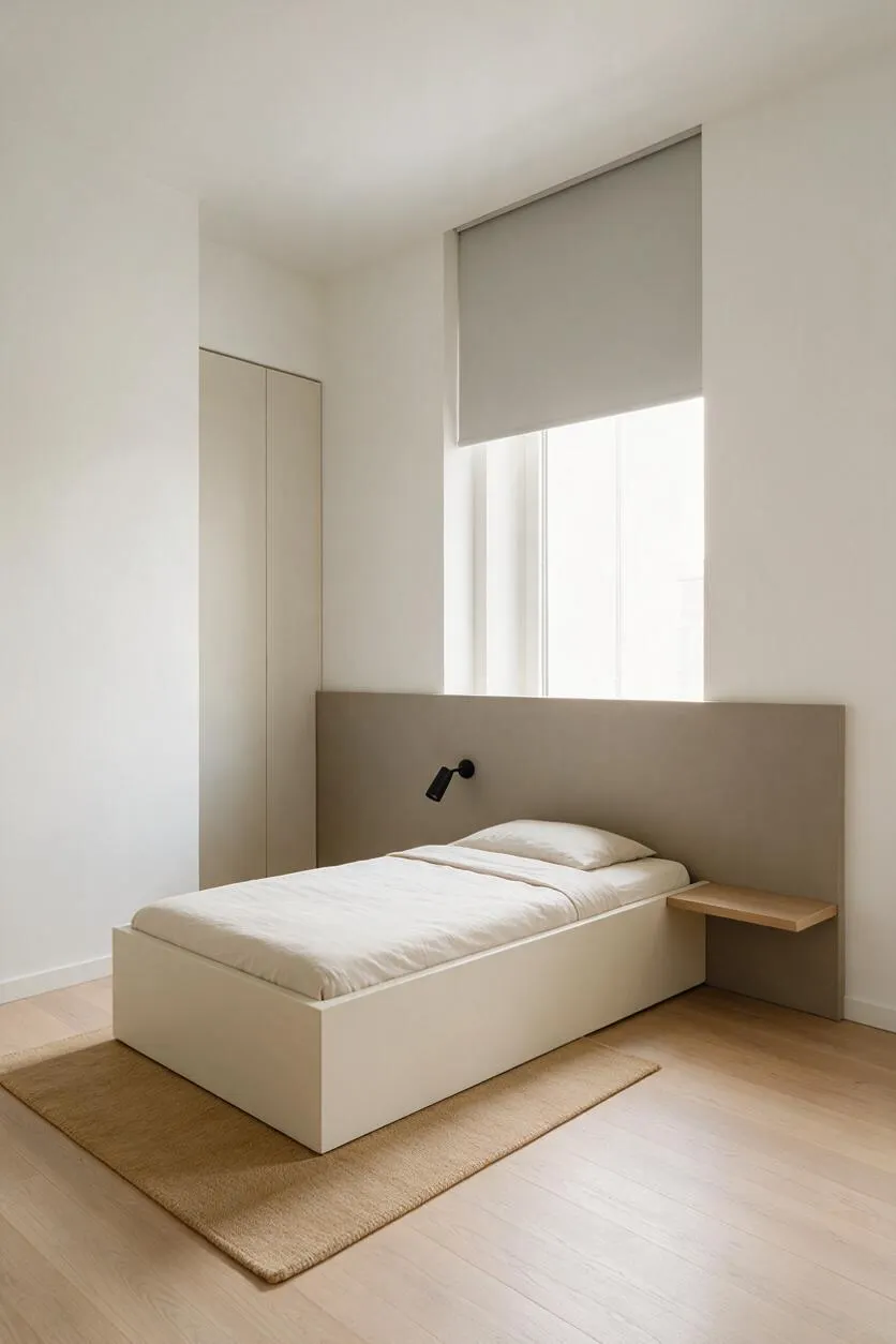 A minimalist guest bedroom with a low platform bed dressed in white bedding, a taupe upholstered headboard, and a small wood floating shelf used as a bedside table. The room features white walls, a tall window with a light gray roller blind, pale wood flooring, and a woven beige rug.