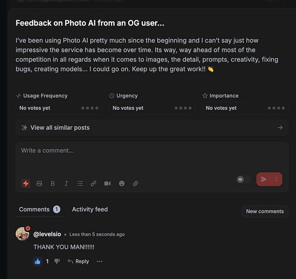 A smartphone screen showing a positive feedback comment received on a community platform in dark mode.
