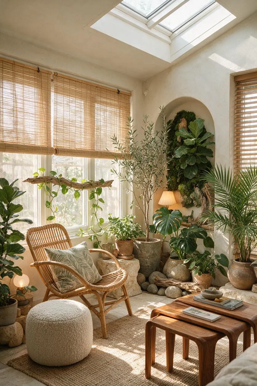 A bright sunroom filled with potted tropical plants, a wicker lounge chair with patterned cushion, woven bamboo blinds, and a skylight overhead. Natural stone accents, a textured jute rug, wooden nesting tables, and a soft upholstered ottoman create a warm biophilic retreat.