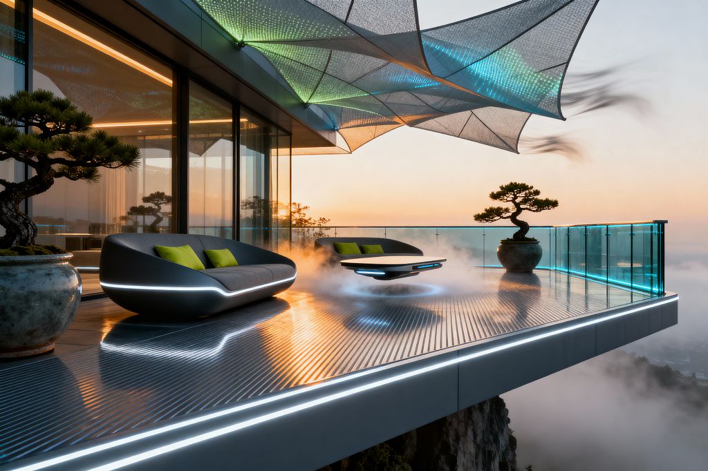 An elevated, cantilevered terrace above clouds at sunset features a ribbed metallic deck with LED edge lighting, two low graphite-gray sofas with lime pillows facing a central underlit table amid light mist, and a cyan-lit tempered-glass railing. Overhead, a perforated mesh canopy glows in blue and green gradients, while large ceramic planters with bonsai and floor-to-ceiling glass doors reflecting warm interior lines complete the scene.