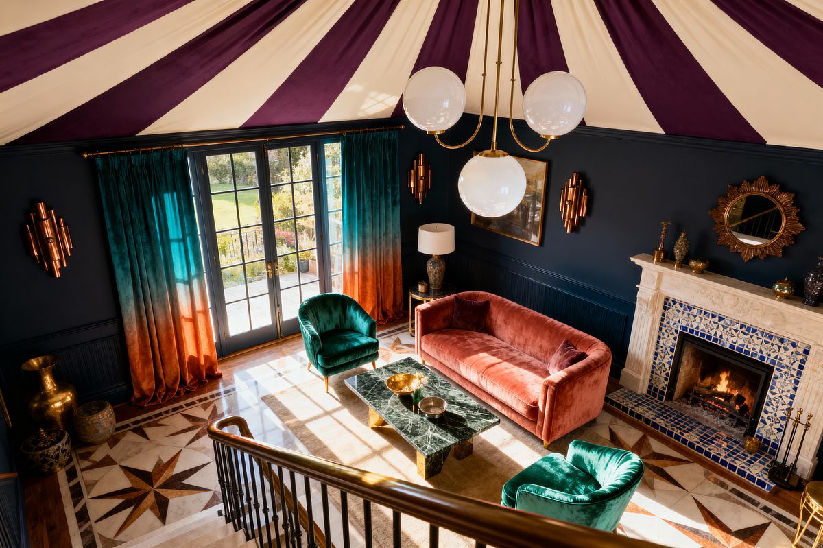 Room AI – Jewel-Tone Living Room with Tented Ceiling - Interior Design